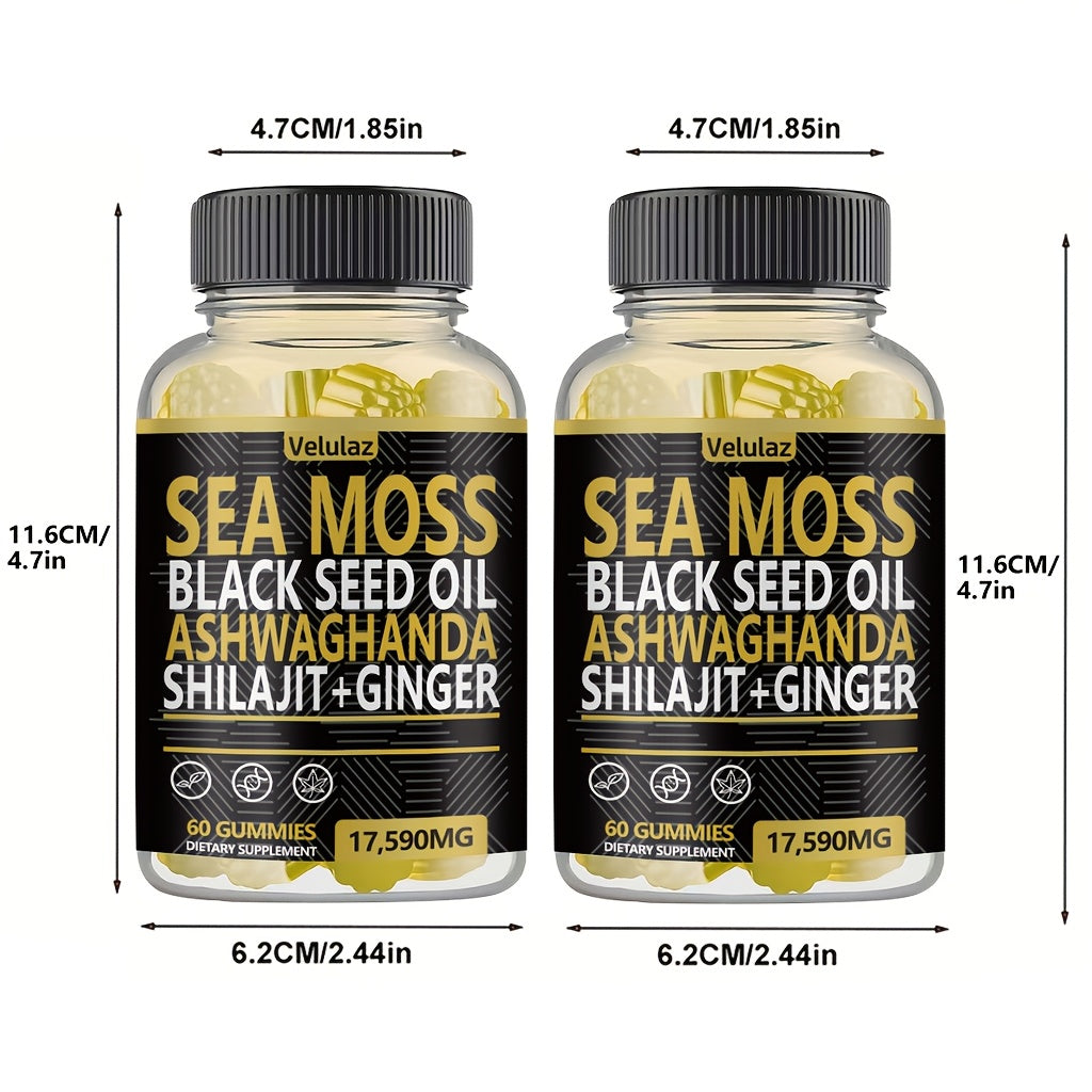 Sea Moss, Black Seed Oil, Ashwagandha, Ginger, Shilajit Gummies with Elderberry, Chlorophyll, Turmeric, Bladderwrack 17590Mg, 60 Gummies