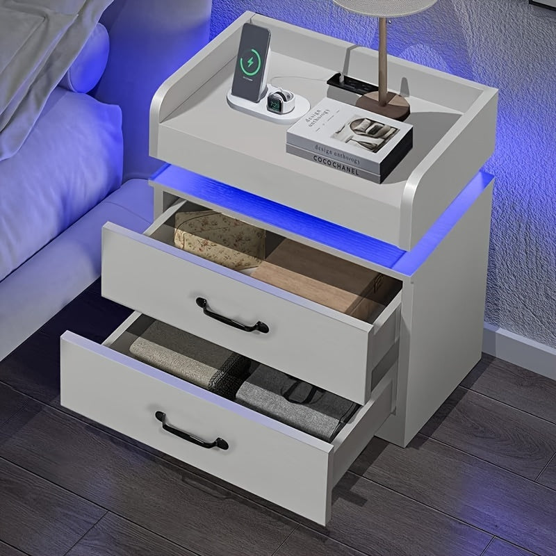 Modern Black Nightstand with Charging Station & LED Lights - USB-Powered Bedside Table, Space-Saving Storage with Drawers, Compact Design for Small Spaces - Ideal for Bedroom or Living Room Decor