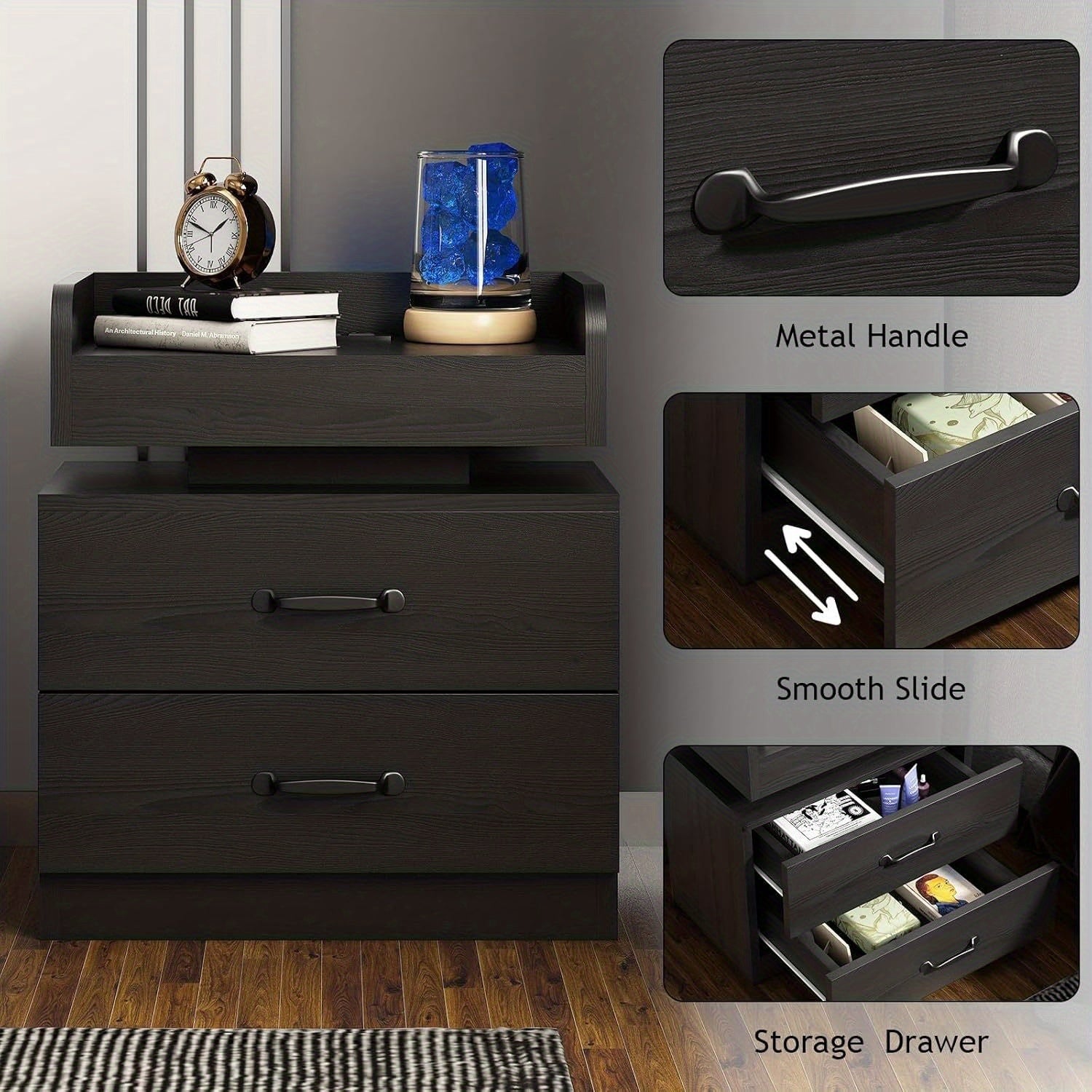 Modern Black Nightstand with Charging Station & LED Lights - USB-Powered Bedside Table, Space-Saving Storage with Drawers, Compact Design for Small Spaces - Ideal for Bedroom or Living Room Decor