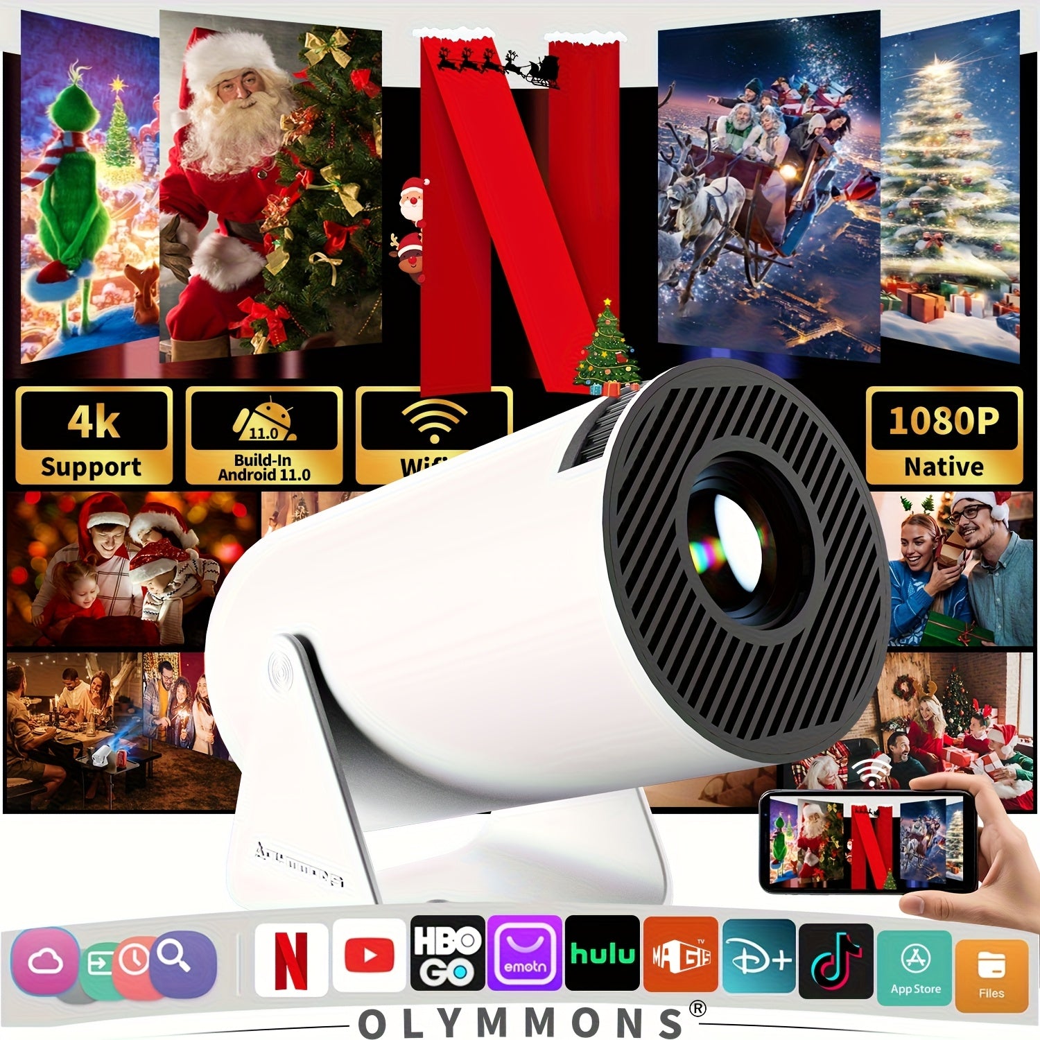 1x HY300 Pro Mini Portable Projector with Android 11.0 OS, 4K/1080P Smart Projector, Built-in Speakers, 180° Screen Rotation, Compatible with Netflix/YouTube/Hulu, Plug & Play Home Theater Projector for PC/Laptop-Free Movies