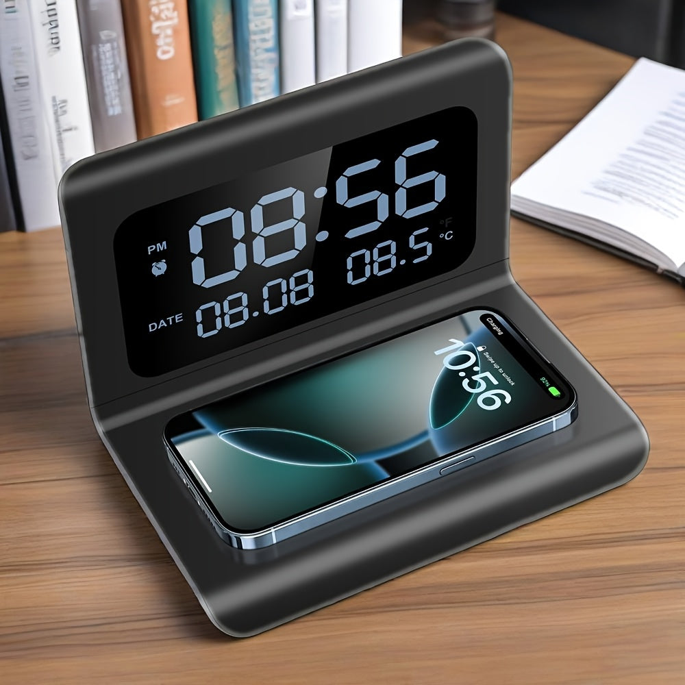 [Wireless Charger] 3in 1 Wireless Charger, Time Temperature Display, Alarm Clock for Bedroom Desk, Charging Dock Station for iPhone 16 15 14 13 12 11 Pro Max/Mini/Plus/XR/X/8 AirPods 2/3/4/Pro/Pro 2, AirPods 4/3/Pro/2, for Sa