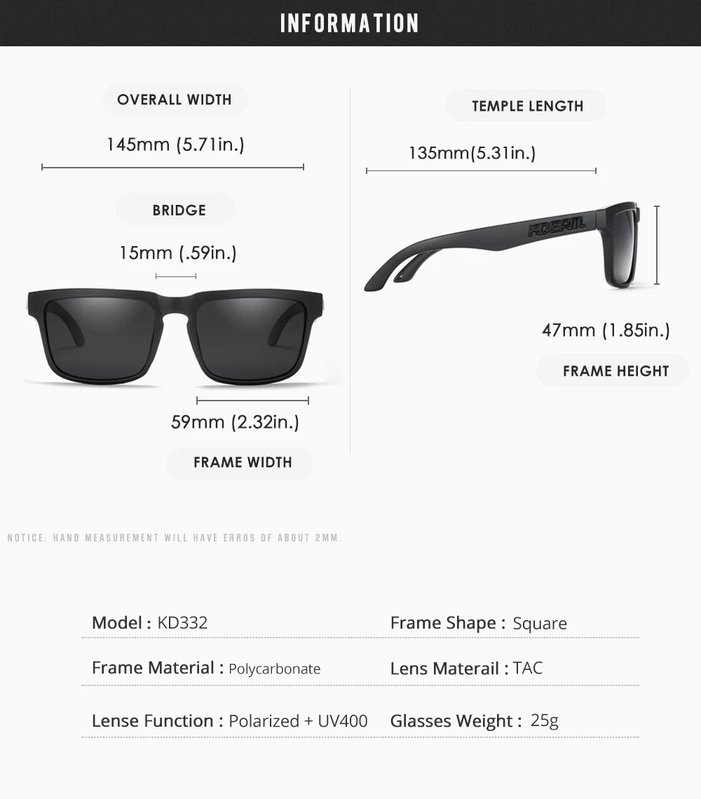 KDEAM Men's Polarized Sunglasses Square Casual Outdoors Sun Glasses Women Unisex Sunglass For Couple With Zipper Case