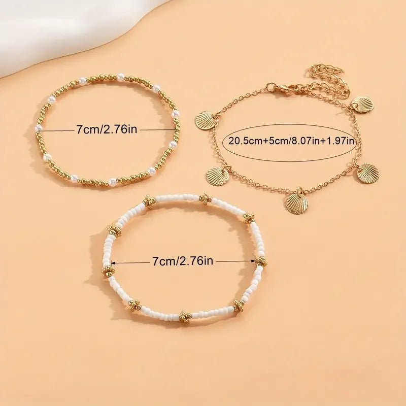 3pcs Retro Pearl Beads Anklet for Women Fashion Handmade Shell Butterfly On Foot Bracelet Bohemian Summer Beach Jewelry Gifts