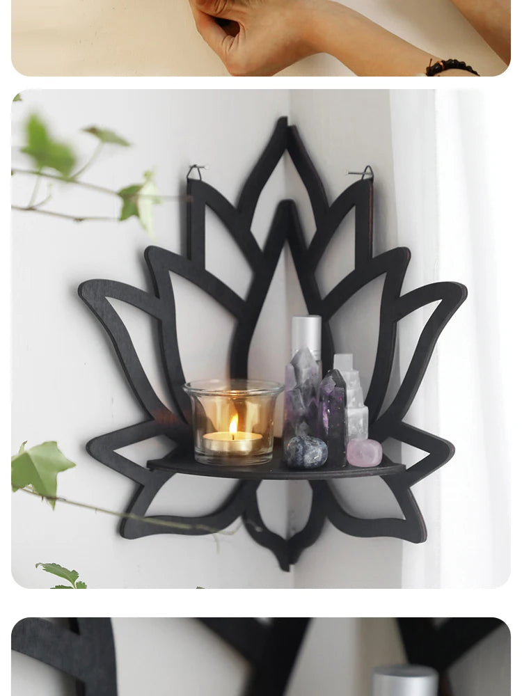 Wooden Lotus Hollow Decorative Rack Aromatherapy Organiser Essential Oil Candle Holder Wall Mounted Shelf Corner Shelf