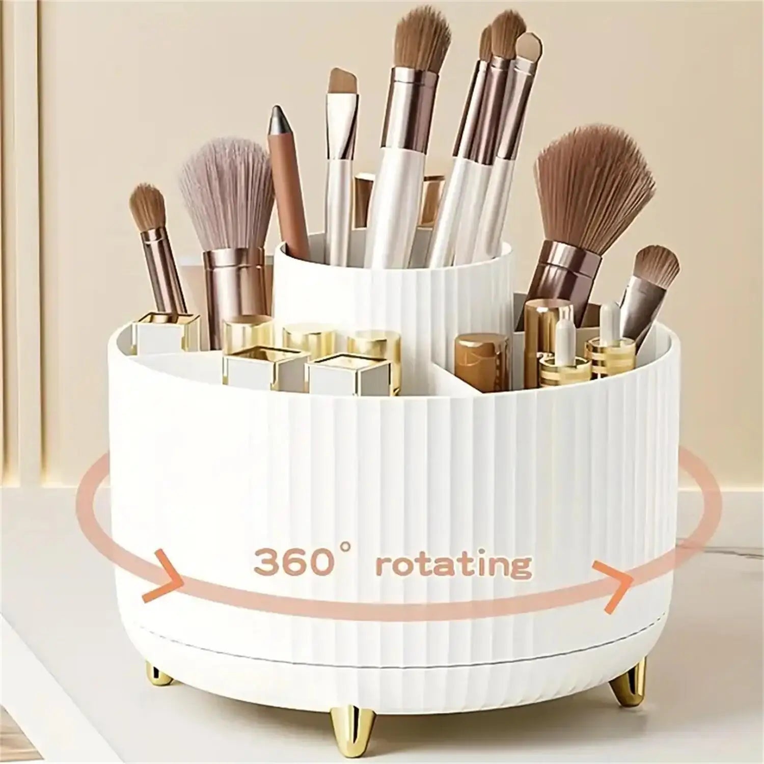 360° Rotating Makeup Organizer – 1pc Plastic Cosmetic Storage with 5 Compartments, Multi-Functional Holder for Brushes