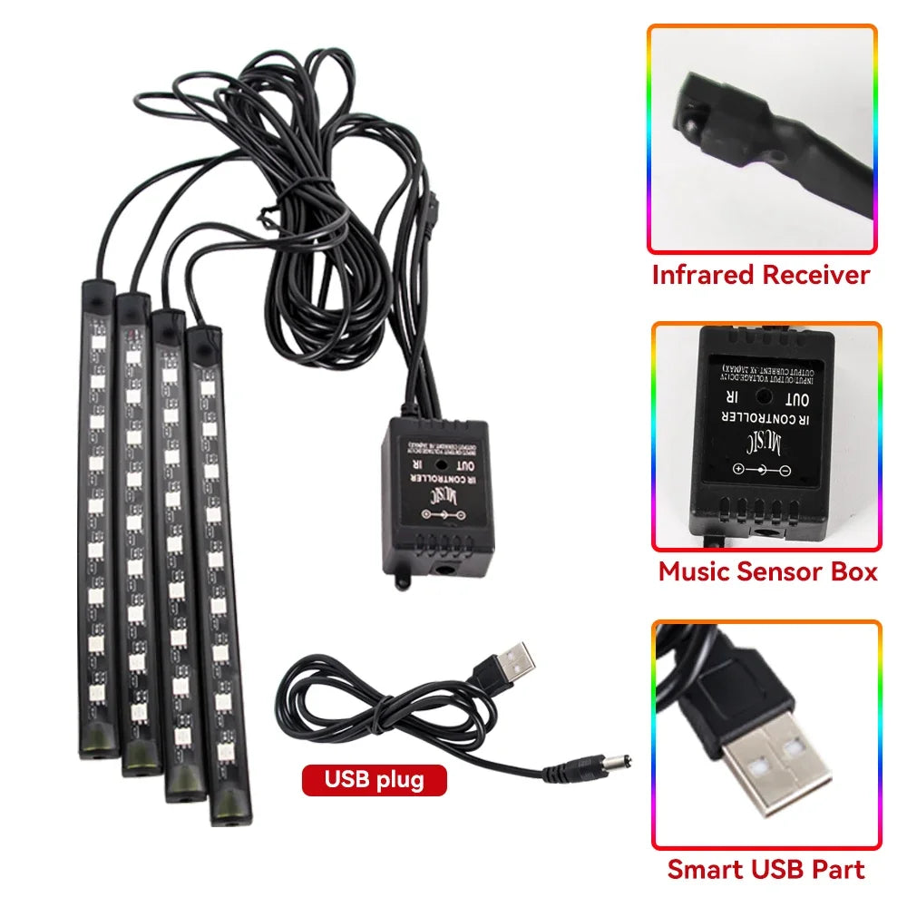 Neon 36 48 72 LED Car Interior Ambient Foot Light Wireless Remote Music APP Control Auto RGB Atmosphere Decorative Lamp