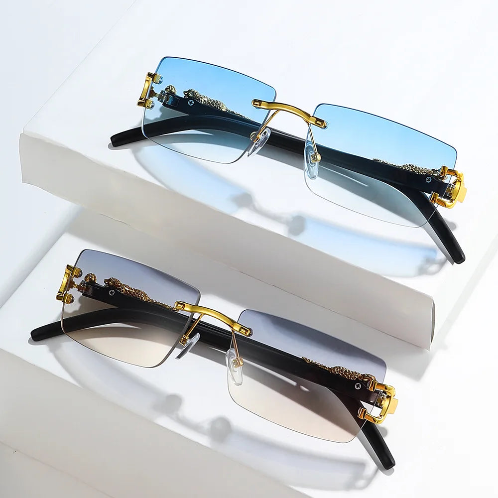 Fashion Rimless Sunglasses Women Men Cheetah Decoration Rectangular Brand Designer Sun Glasses