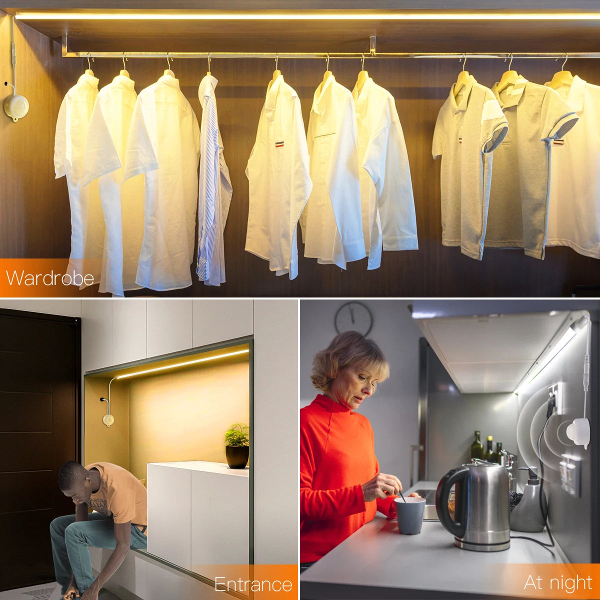 Smart PIR Motion Sensor Super Bright COB LED Strip Neon Light Auto ON/OFF 320leds/m Waterproof for Kitchen,Stair,Wardrobe Decor