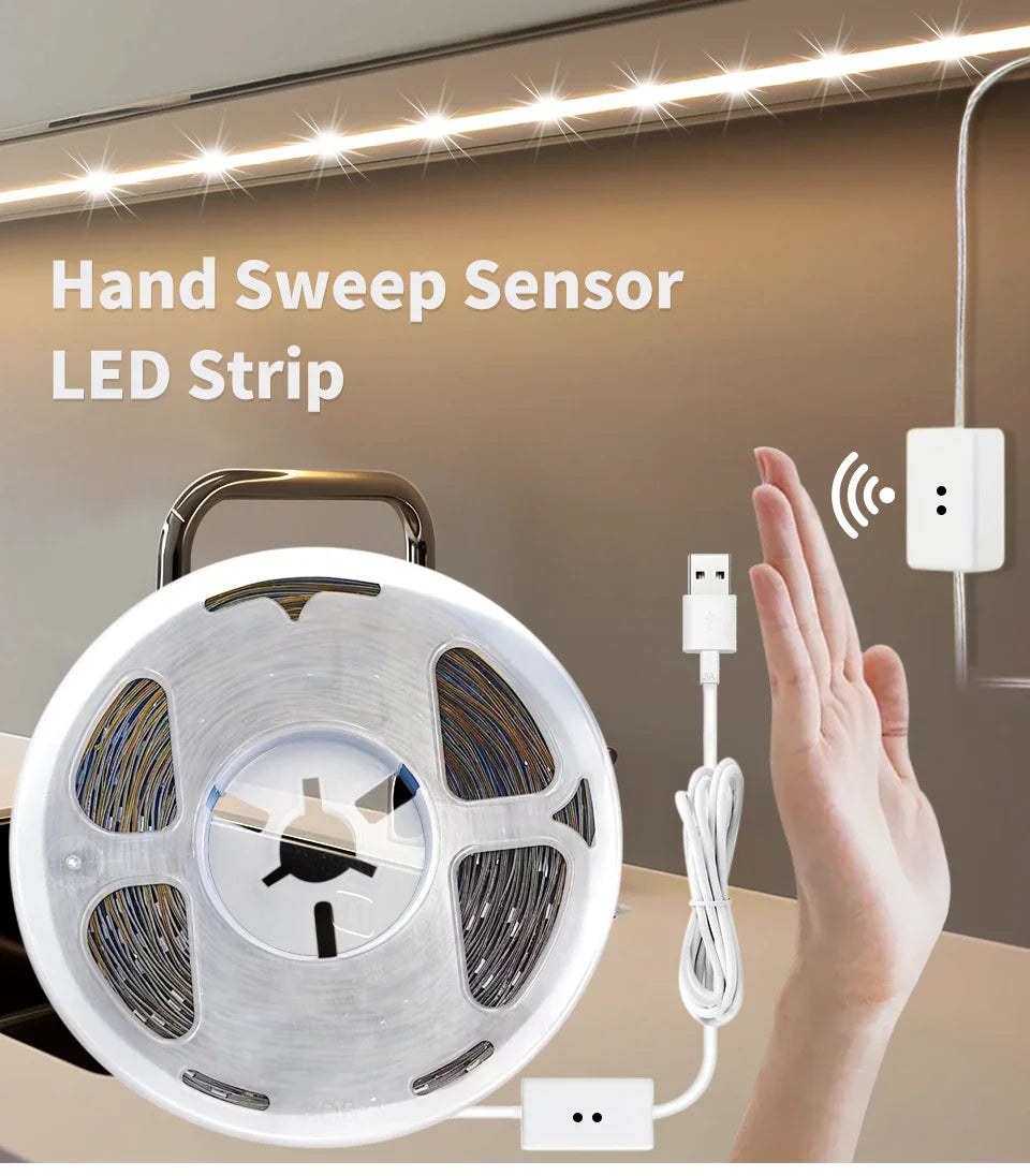Hand Sweep LED Strip Lights 1M 2M 3M 4M 5M 10M LED Strip with Hand Sweep Motion Sensor Switch for Kitchen Stairs Wardrobe