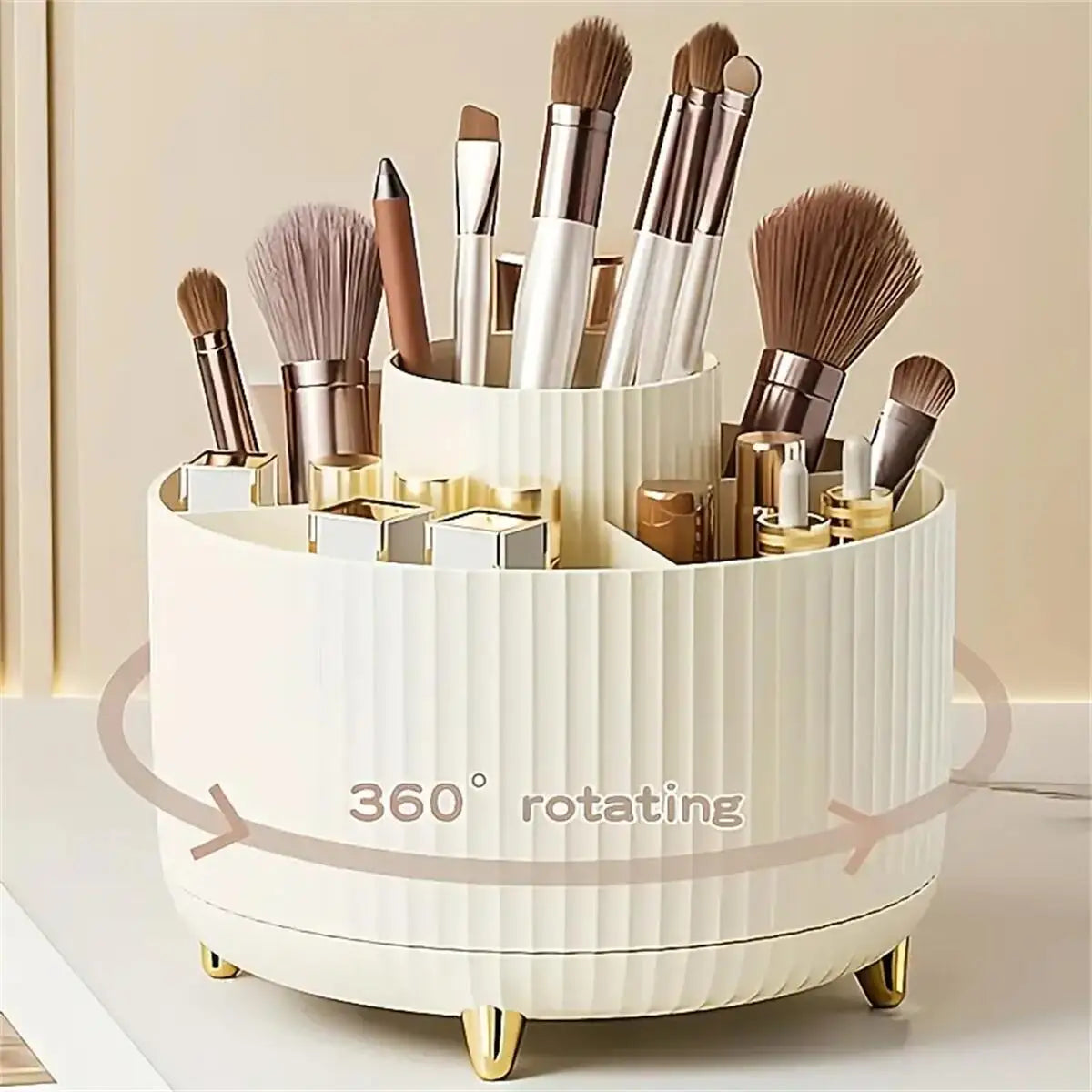 360° Rotating Makeup Organizer – 1pc Plastic Cosmetic Storage with 5 Compartments, Multi-Functional Holder for Brushes