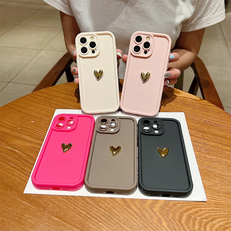 3D Gold Heart Silicone Soft Phone Case For iPhone 15 14 13 12 11 16 17 Pro Max XS XR 7 8 Plus SE Shockproof Candy Matte Cover