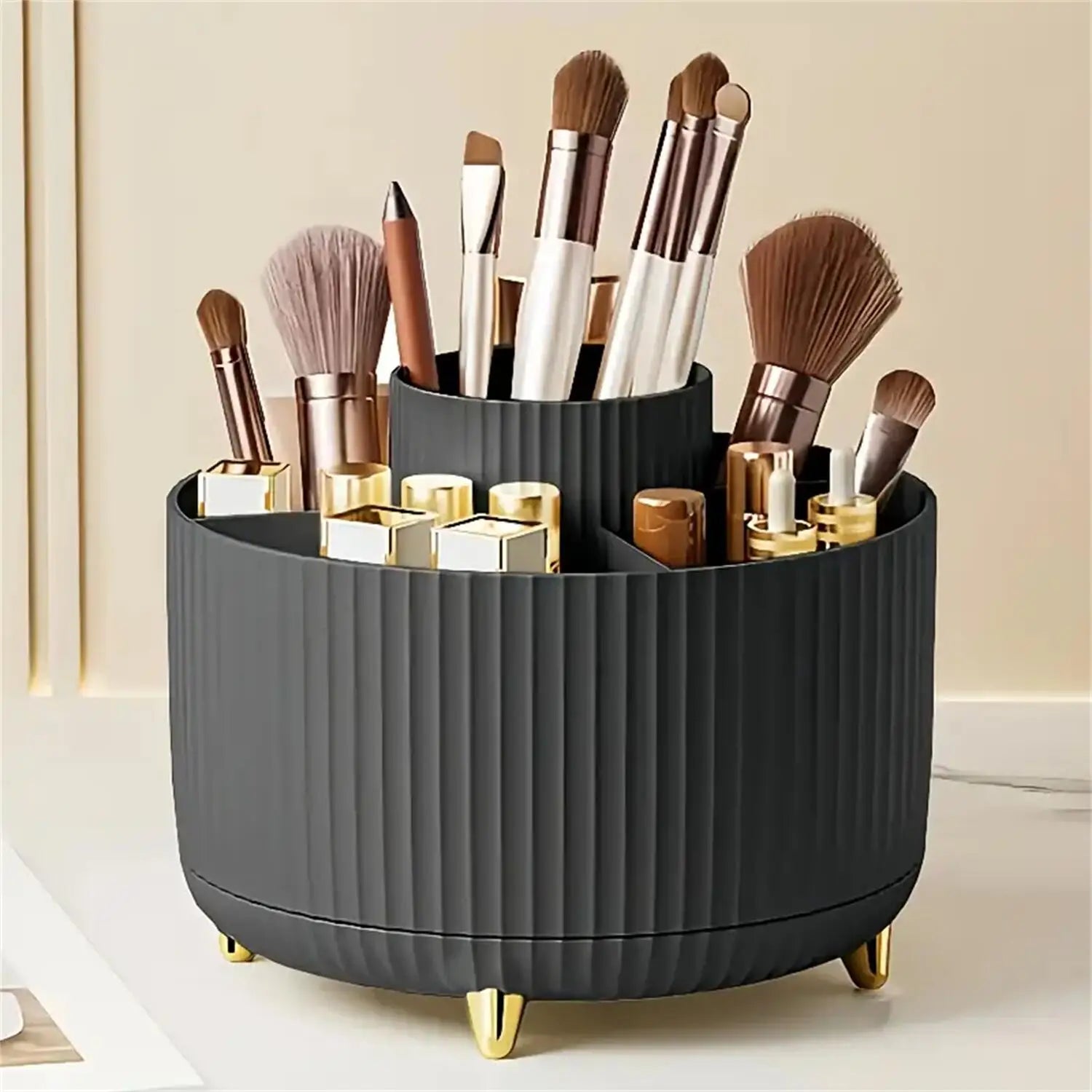 360° Rotating Makeup Organizer – 1pc Plastic Cosmetic Storage with 5 Compartments, Multi-Functional Holder for Brushes