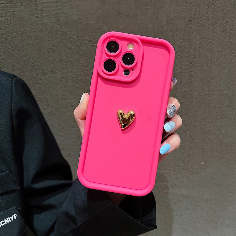 3D Gold Heart Silicone Soft Phone Case For iPhone 15 14 13 12 11 16 17 Pro Max XS XR 7 8 Plus SE Shockproof Candy Matte Cover
