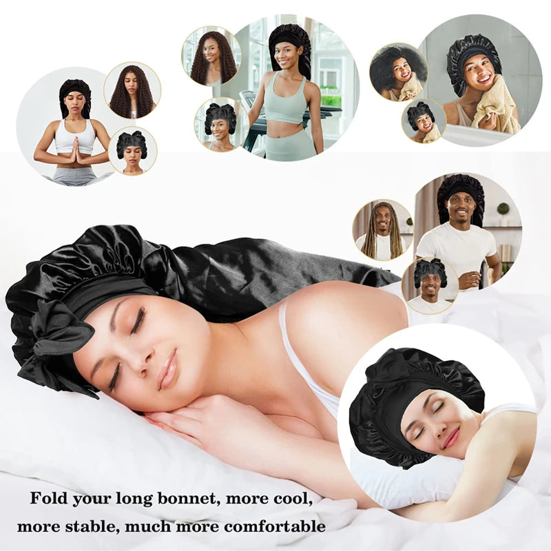 Silk Satin Hair Bonnet for Sleeping – Extra Long, Elastic Band, Protective Night Cap for Long Hair – Custom Logo Available