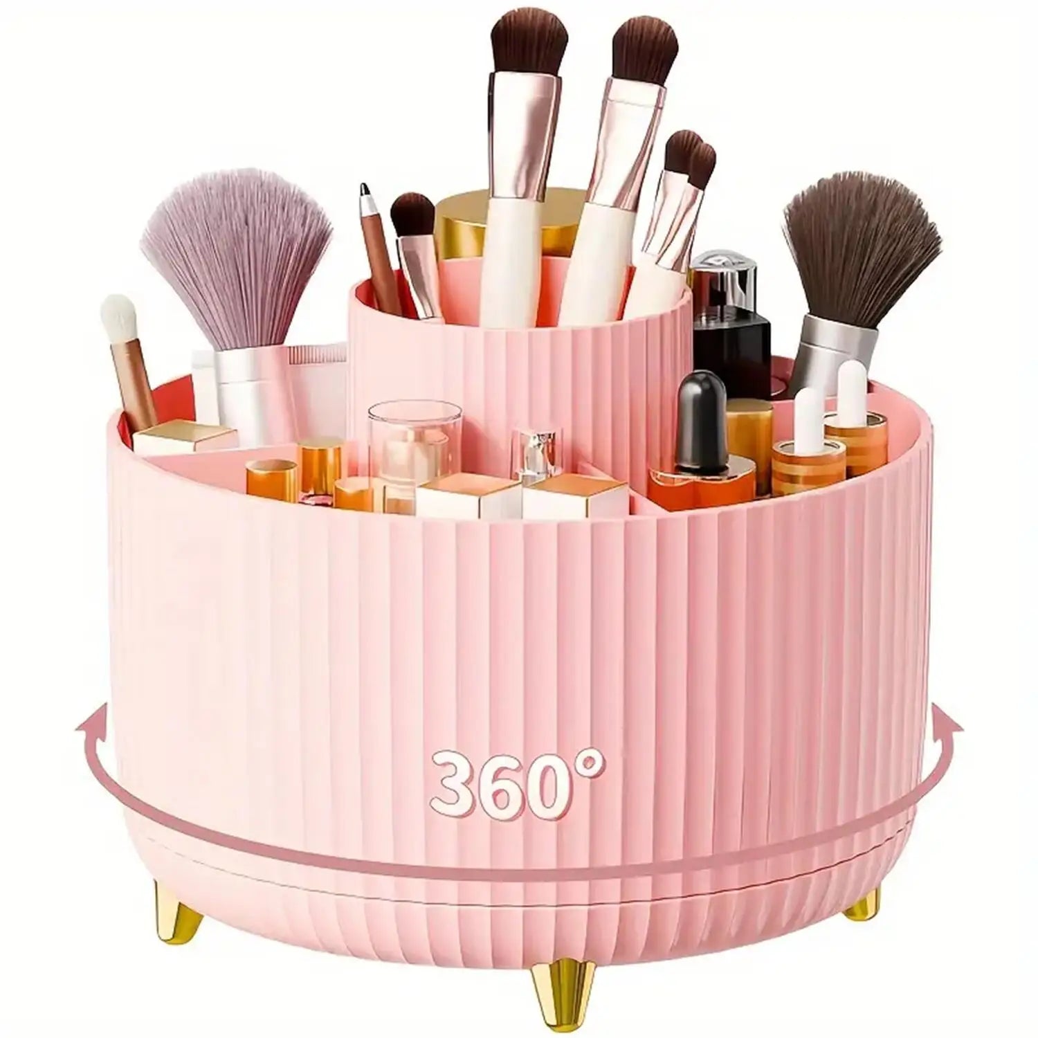 360° Rotating Makeup Organizer – 1pc Plastic Cosmetic Storage with 5 Compartments, Multi-Functional Holder for Brushes