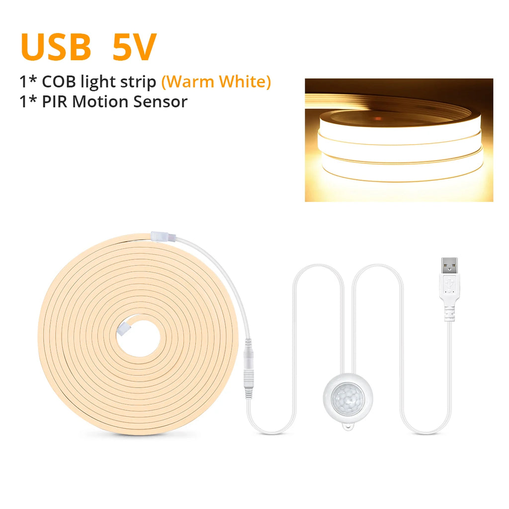 Smart PIR Motion Sensor Super Bright COB LED Strip Neon Light Auto ON/OFF 320leds/m Waterproof for Kitchen,Stair,Wardrobe Decor