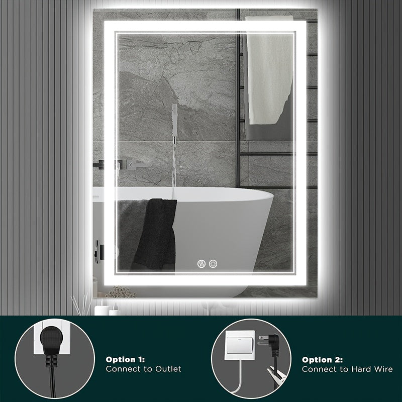 Smart LED Bathroom Mirror with Lights, Anti-Fog, Dimmable Shower Mirror, High Definition Makeup Mirror, Wall-Mounted Vanity Mirror, Memory Function, Tempered Glass, Shatter-Proof, US Standard Plug/Switch, Size 24*16in, Bathro