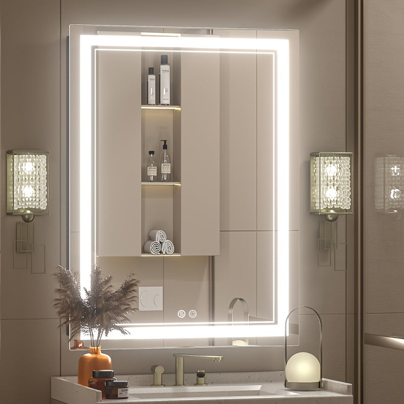 Smart LED Bathroom Mirror with Lights, Anti-Fog, Dimmable Shower Mirror, High Definition Makeup Mirror, Wall-Mounted Vanity Mirror, Memory Function, Tempered Glass, Shatter-Proof, US Standard Plug/Switch, Size 24*16in, Bathro