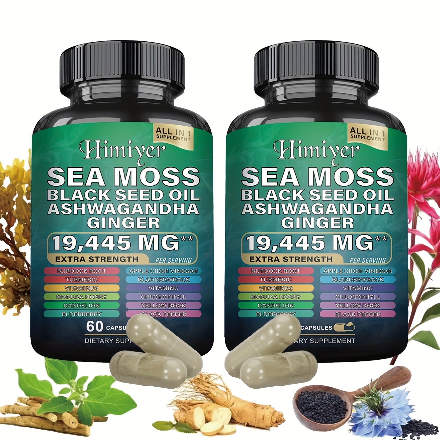 [Energy Pack] 19445Mg+15250Mg Sports Health Energy Pack | Shilajit And Seamoss Ginger South African Drunken Eggplant Capsule, Sea Moss 7000Mg, Black Seed Oil 4000Mg, Ashwagandha 2000Mg, Ginger And Shilajit 9000Mg, Rhodiola Ro