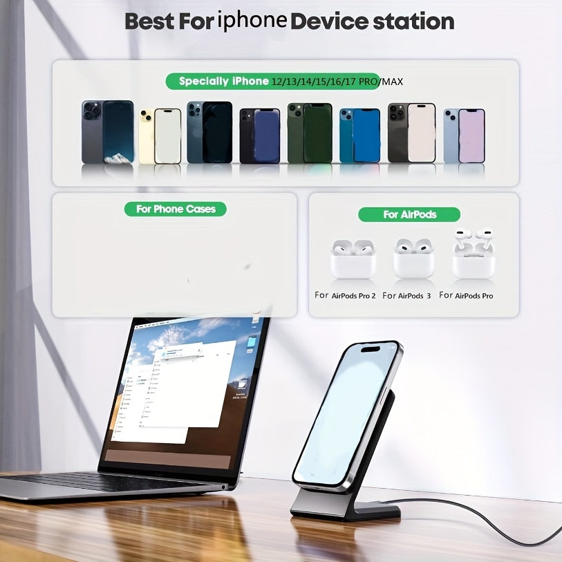 [Apple Wireless Charger] Apple Wireless Charger for iPhone 12/13/14/15/16/17 Pro Max, 15W Fast Charging Magnetic Desk Stand, Apple AirPods Charging Station, Vertical Wireless Phone Dock