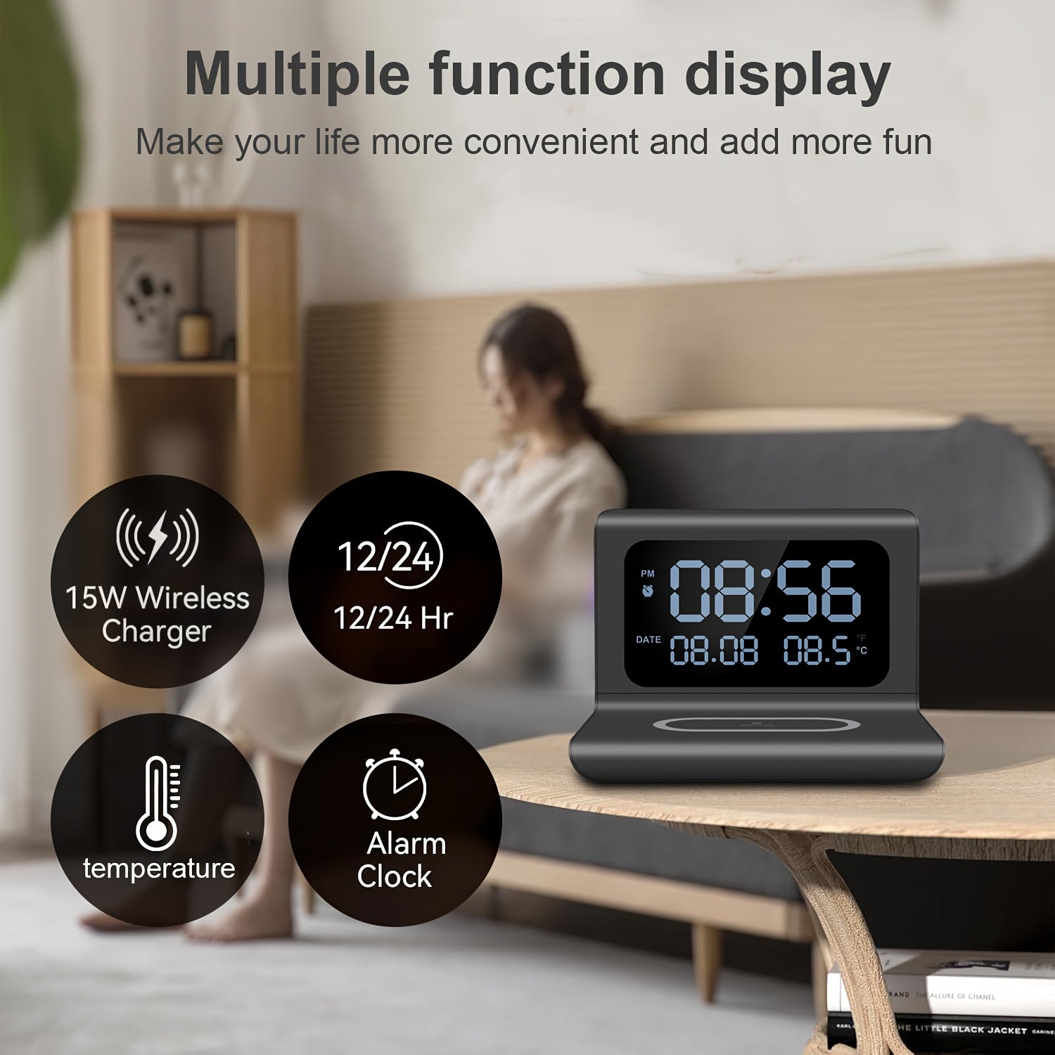 [Wireless Charger] 3in 1 Wireless Charger, Time Temperature Display, Alarm Clock for Bedroom Desk, Charging Dock Station for iPhone 16 15 14 13 12 11 Pro Max/Mini/Plus/XR/X/8 AirPods 2/3/4/Pro/Pro 2, AirPods 4/3/Pro/2, for Sa