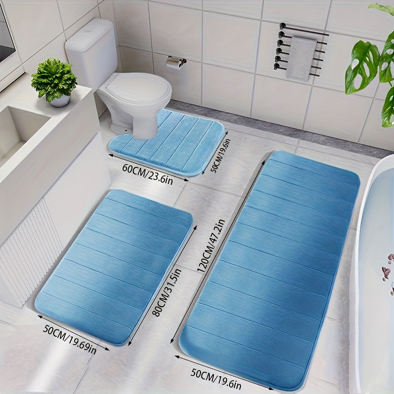 3pcs Memory Foam Bath Mat Set - Quick-Dry, Non-Slip, Thickened, Machine Washable, Soft & Comfortable Shower Rugs for Bathroom, Polyester 100., 1.2cm Thick, Rectangular Shape, Bath Mats for Bathroom