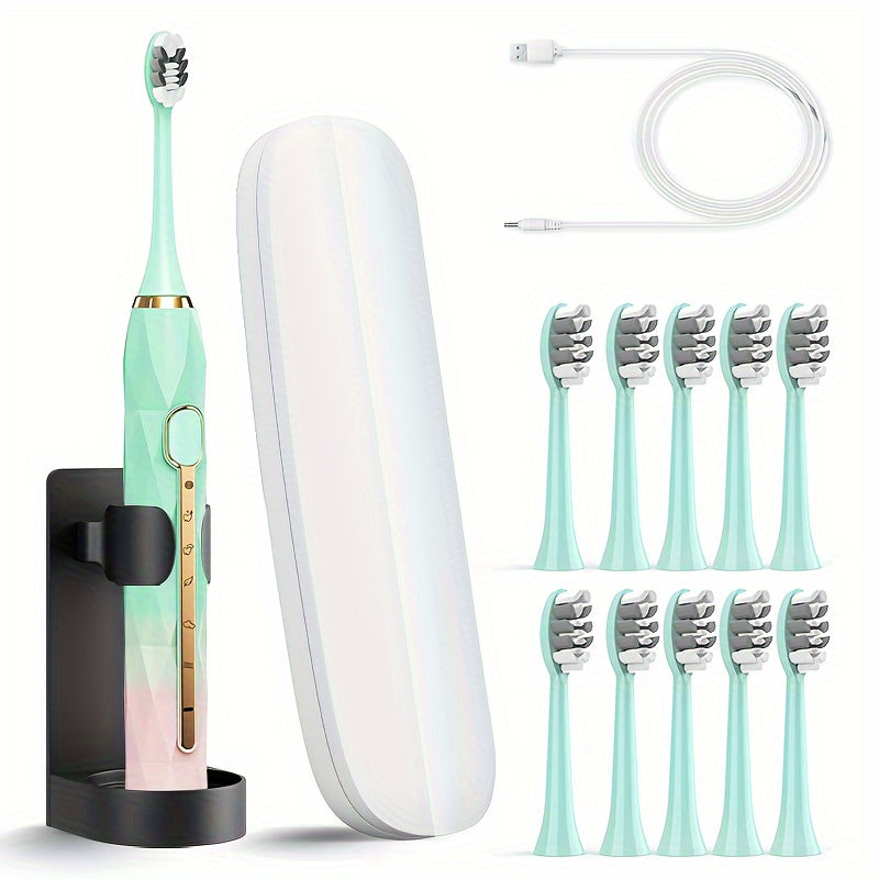 IPX8  Acoustic Electric Toothbrush USB Rechargeable Couple Rechargeable Metal Shaft Adult for Man And Woman Rechargeable Toothbrush Intelligent Timer 10 Replaceable Toothbrush Heads 5 Colors A Toothbrush Base A Portable Case,