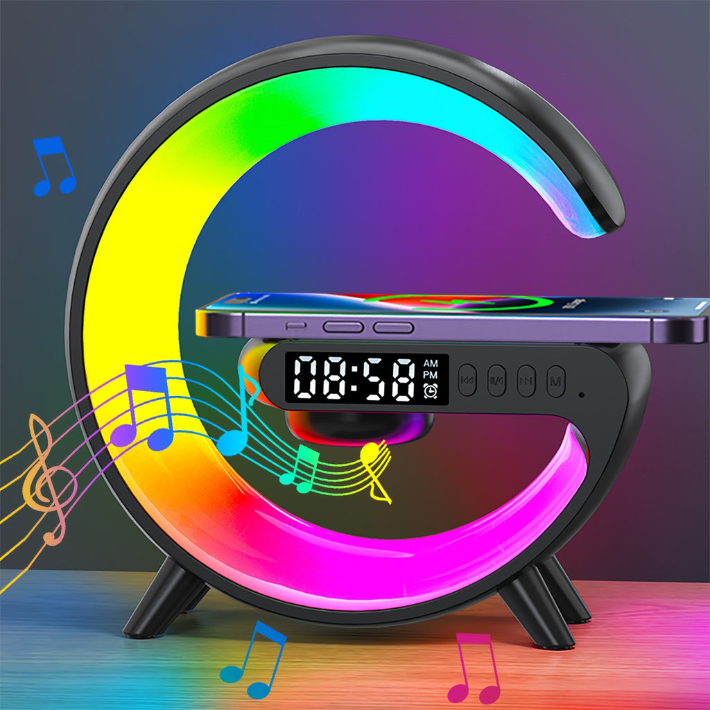 Wireless Charger Stand Speaker Rhythm RGB Light Smart Alarm Clock for iPhone 16 15 14 13 12 Pro Max Plus AirPods for Samsung for Xiaomi 15 14 13 12 for Bedroom Dimmable Table Lamp with Fast Wireless Charge for Adults Dorm, Gi