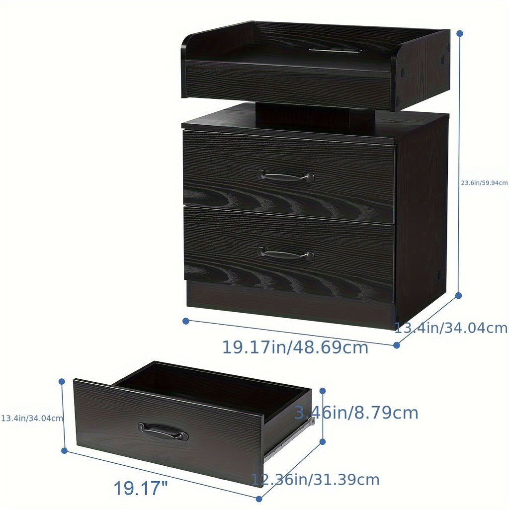 Modern Black Nightstand with Charging Station & LED Lights - USB-Powered Bedside Table, Space-Saving Storage with Drawers, Compact Design for Small Spaces - Ideal for Bedroom or Living Room Decor