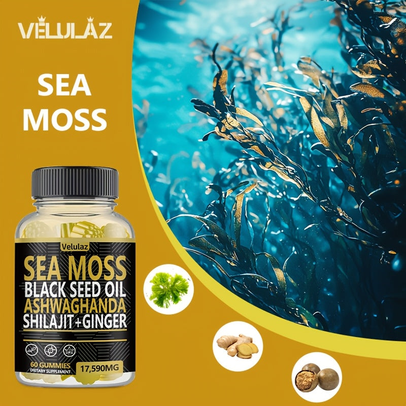 Sea Moss, Black Seed Oil, Ashwagandha, Ginger, Shilajit Gummies with Elderberry, Chlorophyll, Turmeric, Bladderwrack 17590Mg, 60 Gummies