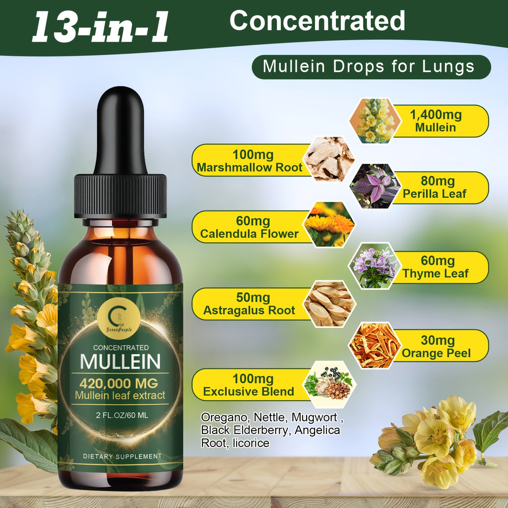 GPGP Greenpeple Mullein Drops For Lungs - for lung Health - Mullein Leaf Liquid Tincture, Support Respiratory, Immune, Digestive System Support, Natural Herbal Supplement, 2 FL OZ/60 ML