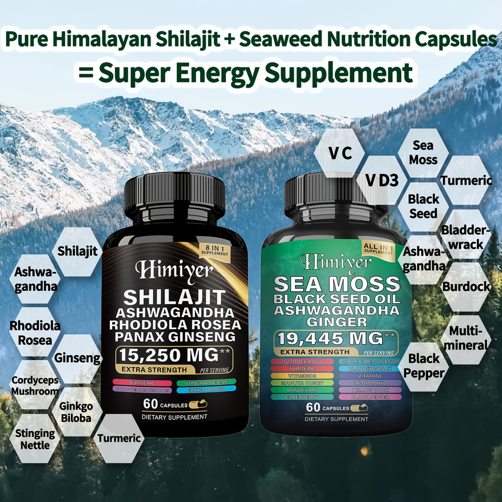 [Energy Pack] 19445Mg+15250Mg Sports Health Energy Pack | Shilajit And Seamoss Ginger South African Drunken Eggplant Capsule, Sea Moss 7000Mg, Black Seed Oil 4000Mg, Ashwagandha 2000Mg, Ginger And Shilajit 9000Mg, Rhodiola Ro