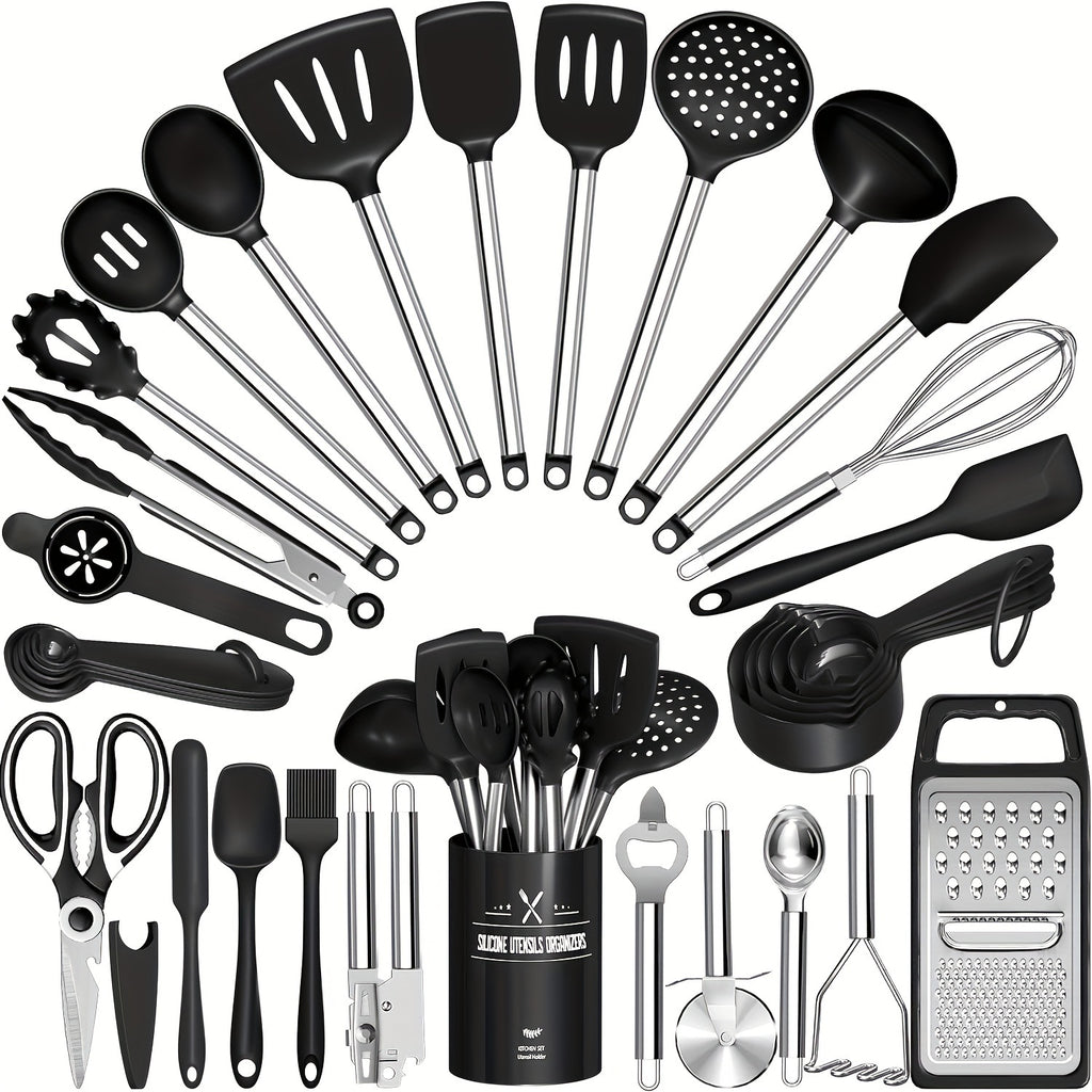 Kitchen Utensils Set-34pcs Silicone Cooking Utensils Set for Nonstick Cookware-Silicone Spatulas Set, Stainless Steel Handle-Black Kitchen Gadgets Tools, Pots And Pans Accessories, SKROAM father gift