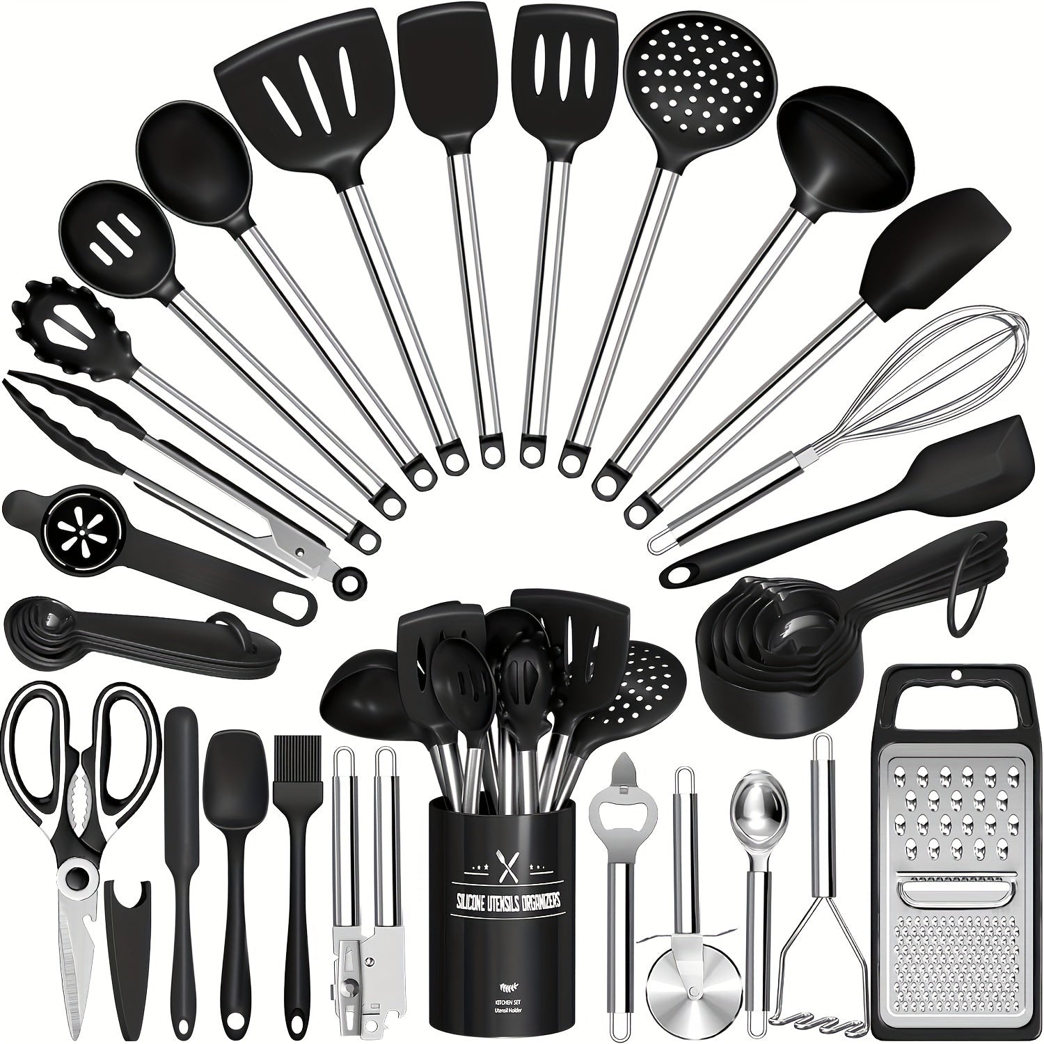 Kitchen Utensils Set-34pcs Silicone Cooking Utensils Set for Nonstick Cookware-Silicone Spatulas Set, Stainless Steel Handle-Black Kitchen Gadgets Tools, Pots And Pans Accessories, SKROAM father gift
