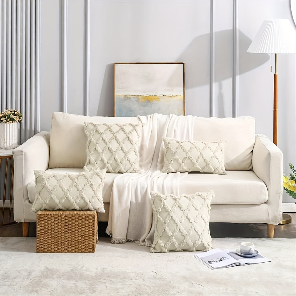 Bohemian Geometric-Pattern Throw Pillow Covers, Set of 2, Polyester Velvet with Woven Zipper Closure, Machine Washable - Decorative Cushion Covers for Various Room Types