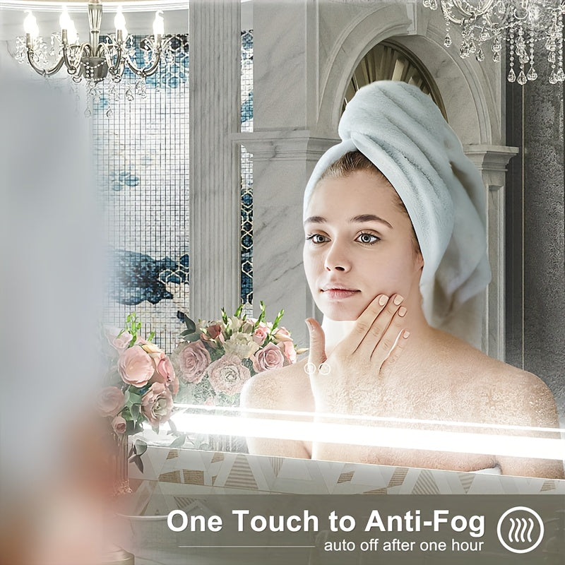 Smart LED Bathroom Mirror with Lights, Anti-Fog, Dimmable Shower Mirror, High Definition Makeup Mirror, Wall-Mounted Vanity Mirror, Memory Function, Tempered Glass, Shatter-Proof, US Standard Plug/Switch, Size 24*16in, Bathro