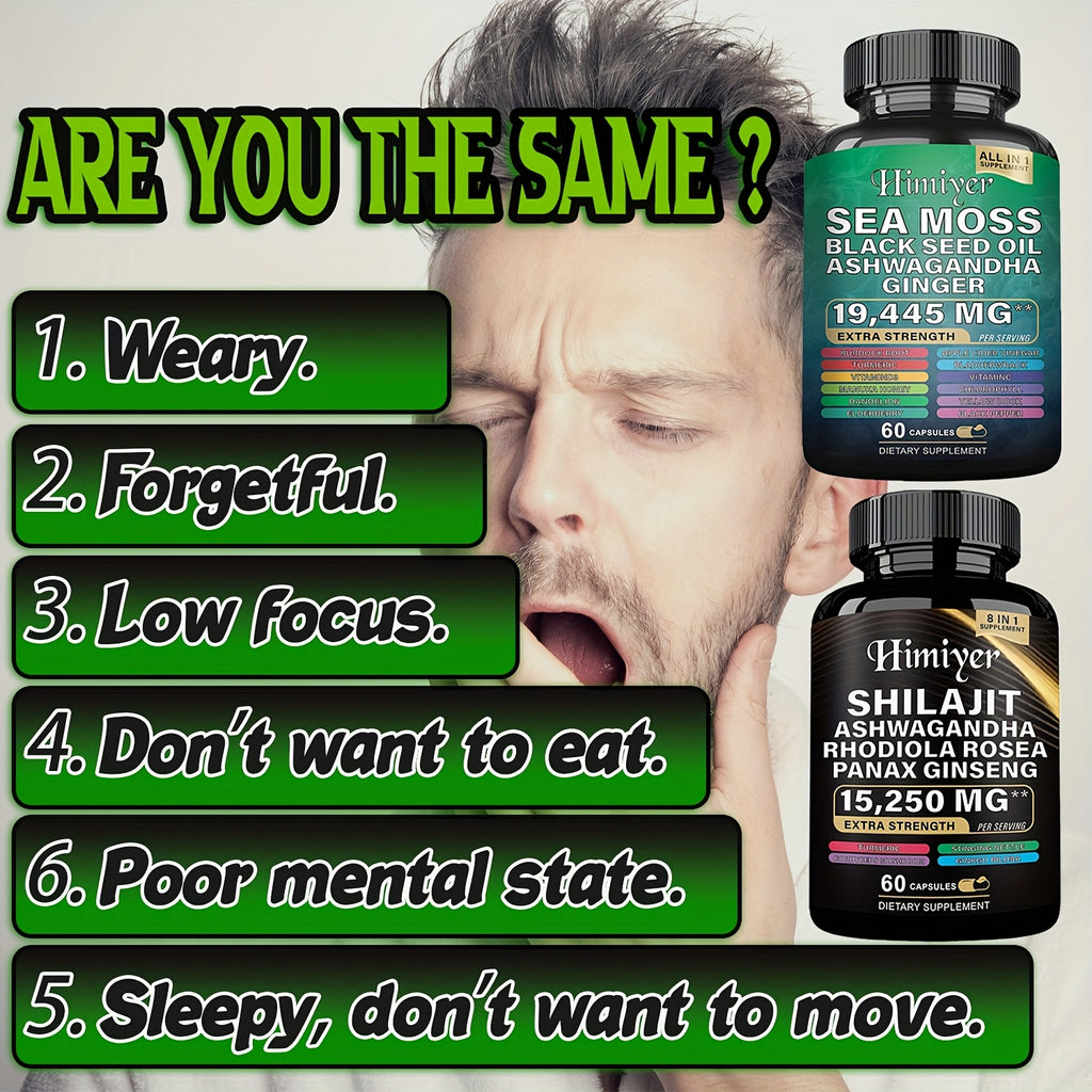 [Energy Pack] 19445Mg+15250Mg Sports Health Energy Pack | Shilajit And Seamoss Ginger South African Drunken Eggplant Capsule, Sea Moss 7000Mg, Black Seed Oil 4000Mg, Ashwagandha 2000Mg, Ginger And Shilajit 9000Mg, Rhodiola Ro
