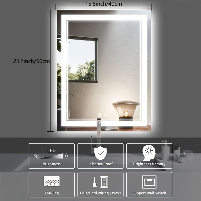 Smart LED Bathroom Mirror with Lights, Anti-Fog, Dimmable Shower Mirror, High Definition Makeup Mirror, Wall-Mounted Vanity Mirror, Memory Function, Tempered Glass, Shatter-Proof, US Standard Plug/Switch, Size 24*16in, Bathro