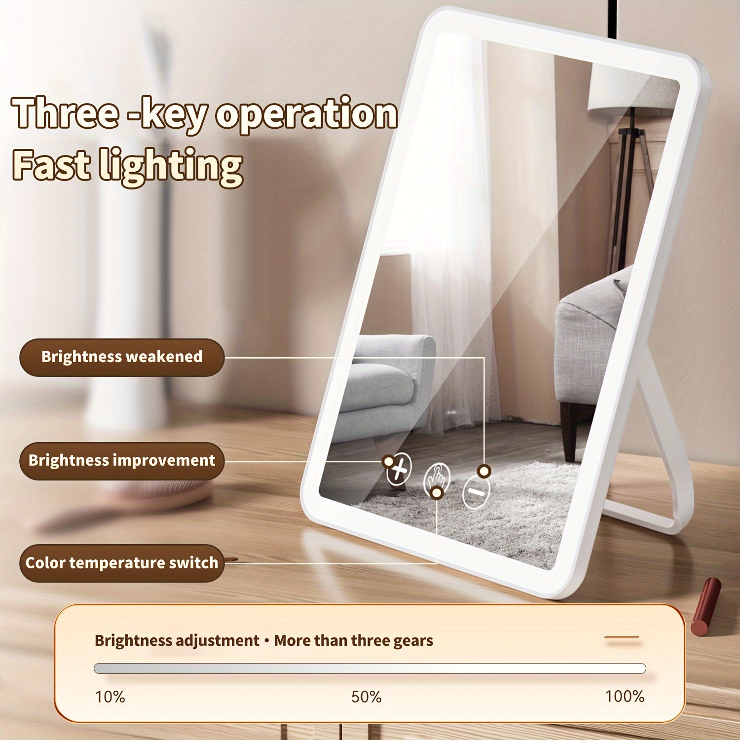 1pc LED Smart Makeup Mirror, High Definition Mirror with 3 Color Illumination Infinitely Adjustable Brightness, Touch Controls, Rechargeable Makeup Mirrors