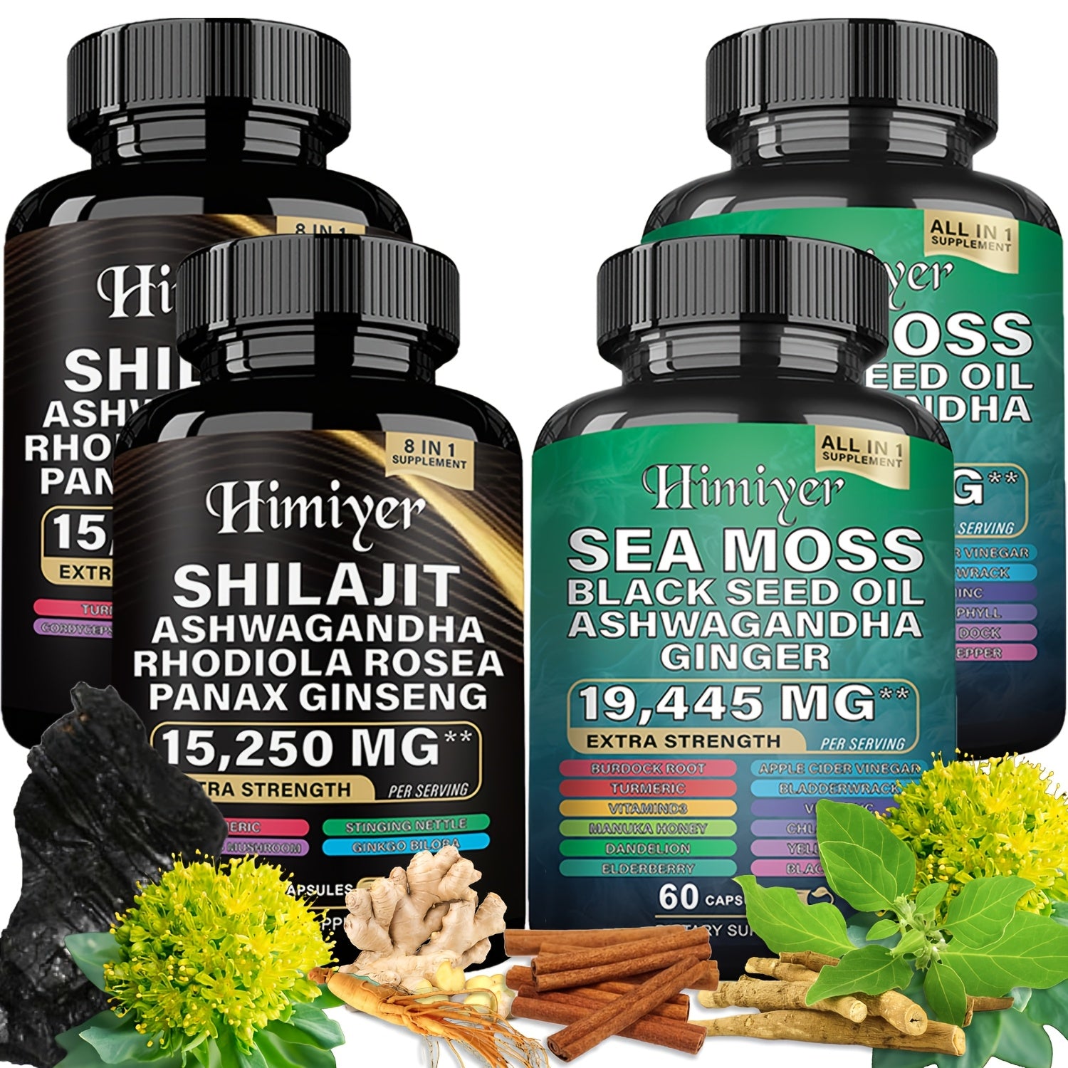 [Energy Pack] 19445Mg+15250Mg Sports Health Energy Pack | Shilajit And Seamoss Ginger South African Drunken Eggplant Capsule, Sea Moss 7000Mg, Black Seed Oil 4000Mg, Ashwagandha 2000Mg, Ginger And Shilajit 9000Mg, Rhodiola Ro