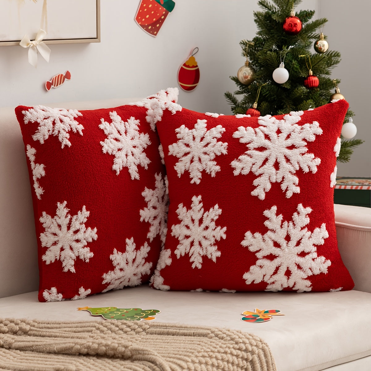 2pcs Snowflake Velvet Pillow Covers, Christmas Style Square Cushion Cover for Home Decor Living Room Bedroom Sofa, All-Season Use, Sofa Accessories, Holiday Decor, Festive Pattern, Cozy Home Styling, Zipper Closure, Durable C