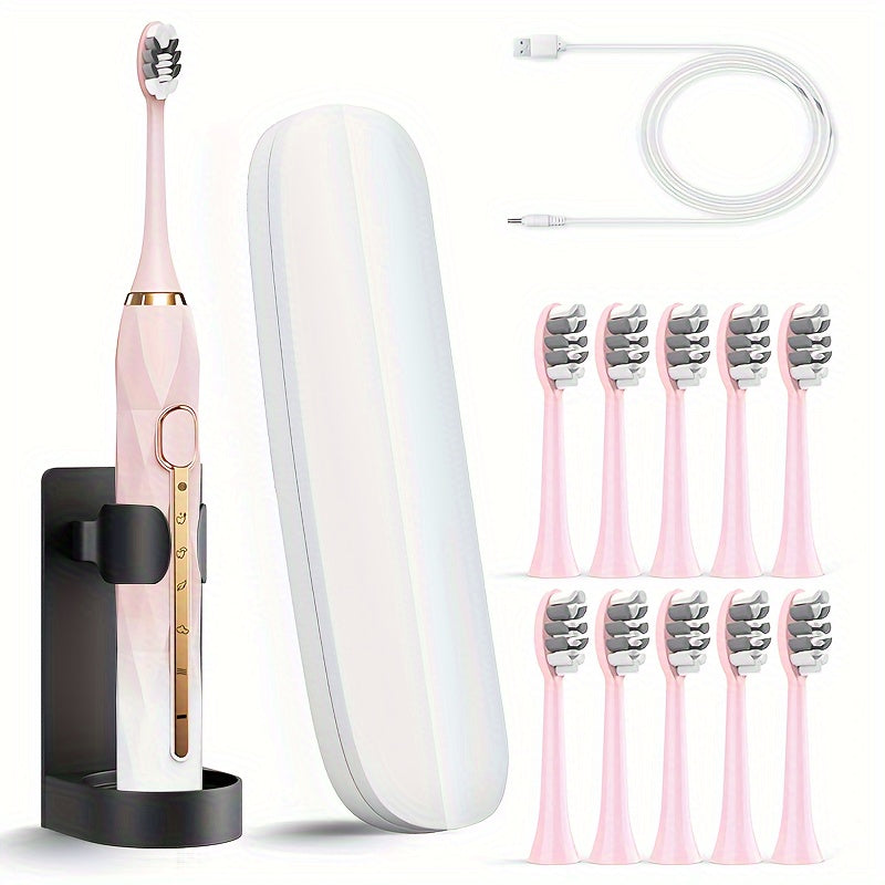 IPX8  Acoustic Electric Toothbrush USB Rechargeable Couple Rechargeable Metal Shaft Adult for Man And Woman Rechargeable Toothbrush Intelligent Timer 10 Replaceable Toothbrush Heads 5 Colors A Toothbrush Base A Portable Case,