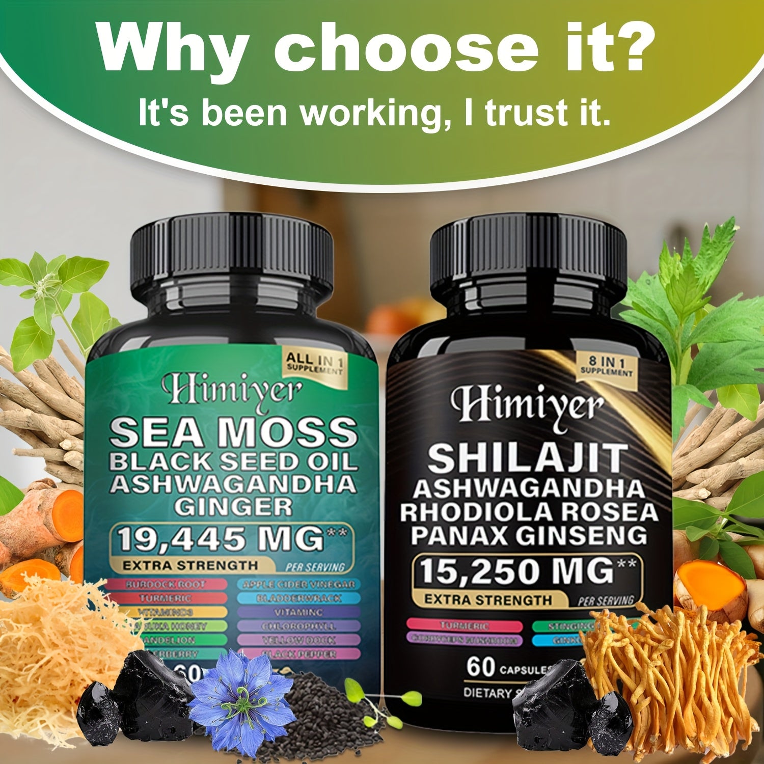 [Energy Pack] 19445Mg+15250Mg Sports Health Energy Pack | Shilajit And Seamoss Ginger South African Drunken Eggplant Capsule, Sea Moss 7000Mg, Black Seed Oil 4000Mg, Ashwagandha 2000Mg, Ginger And Shilajit 9000Mg, Rhodiola Ro