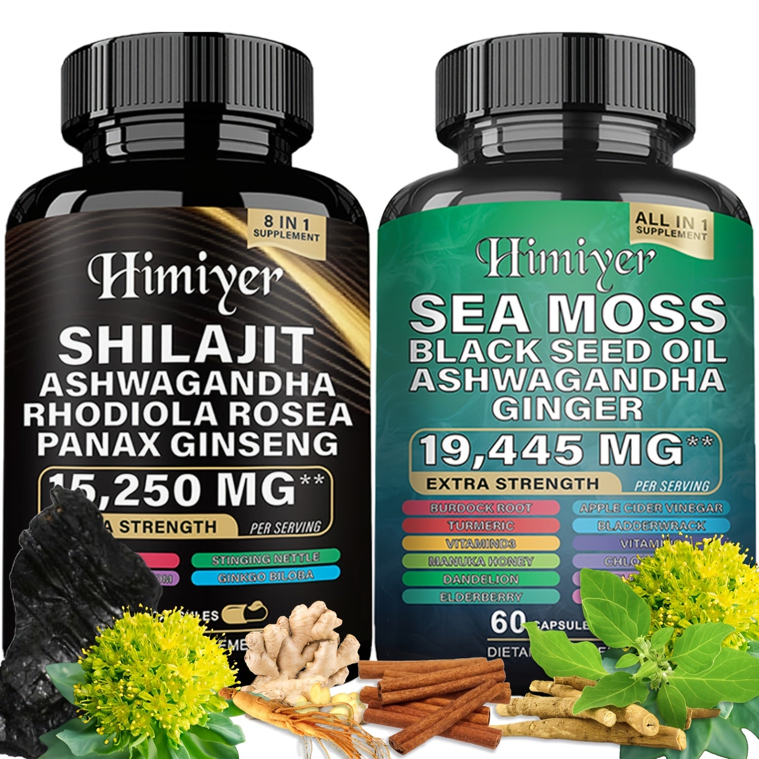 [Energy Pack] 19445Mg+15250Mg Sports Health Energy Pack | Shilajit And Seamoss Ginger South African Drunken Eggplant Capsule, Sea Moss 7000Mg, Black Seed Oil 4000Mg, Ashwagandha 2000Mg, Ginger And Shilajit 9000Mg, Rhodiola Ro
