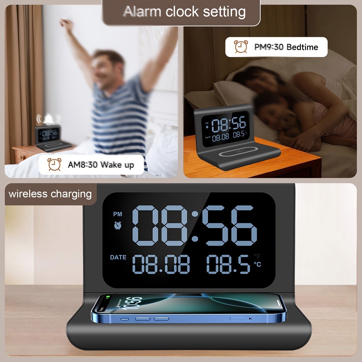 [Wireless Charger] 3in 1 Wireless Charger, Time Temperature Display, Alarm Clock for Bedroom Desk, Charging Dock Station for iPhone 16 15 14 13 12 11 Pro Max/Mini/Plus/XR/X/8 AirPods 2/3/4/Pro/Pro 2, AirPods 4/3/Pro/2, for Sa