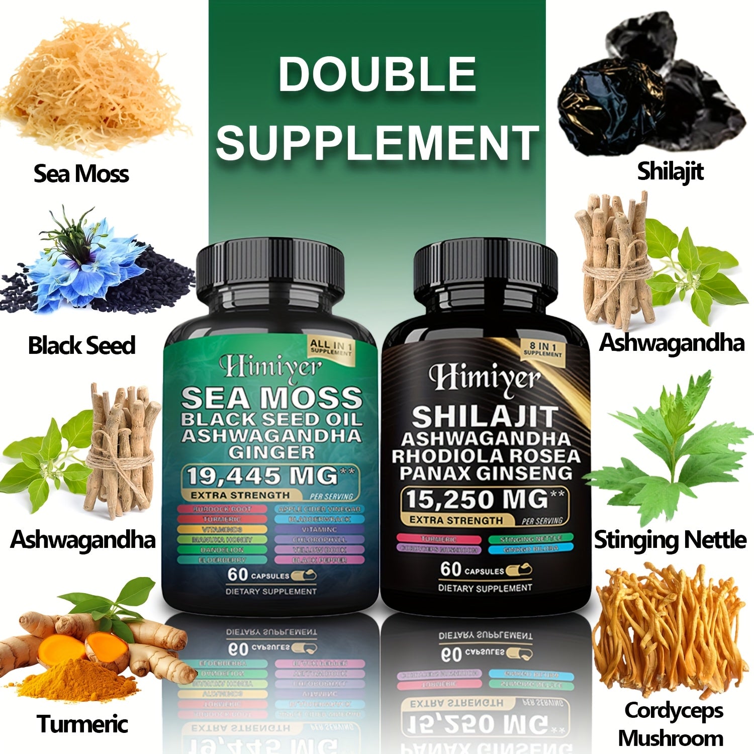 [Energy Pack] 19445Mg+15250Mg Sports Health Energy Pack | Shilajit And Seamoss Ginger South African Drunken Eggplant Capsule, Sea Moss 7000Mg, Black Seed Oil 4000Mg, Ashwagandha 2000Mg, Ginger And Shilajit 9000Mg, Rhodiola Ro