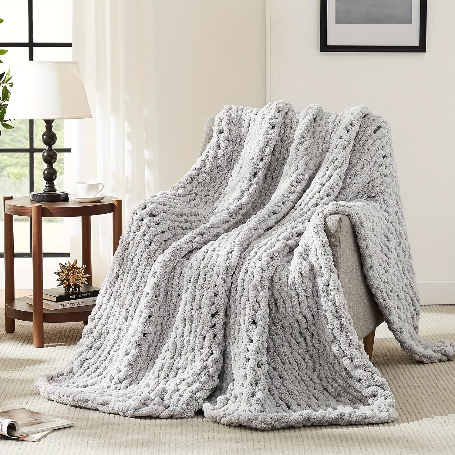 Chunky Knit Blanket Throw, 100% Hand Knit Chenille Throw Blanket For Sofa & Home Decor, Handmade Thick Cable Knit Crochet Blanket