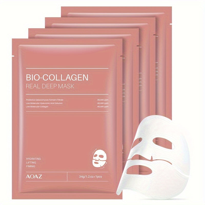 4pcs Bio-Collagen Real Deep Mask Pack Hydrating & Firming Facial Sheet Masks with Collagen, Hyaluronic Acid & Nicotinamide Moisturizing & Invigorating for All Light Beige Types(1pc/4pcs/8pcs)