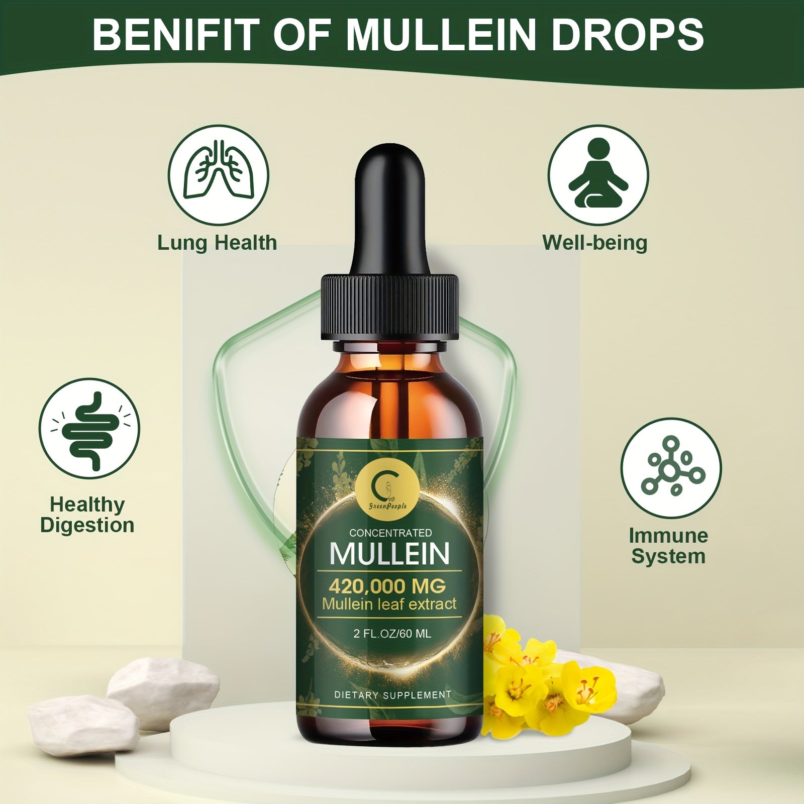 GPGP Greenpeple Mullein Drops For Lungs - for lung Health - Mullein Leaf Liquid Tincture, Support Respiratory, Immune, Digestive System Support, Natural Herbal Supplement, 2 FL OZ/60 ML