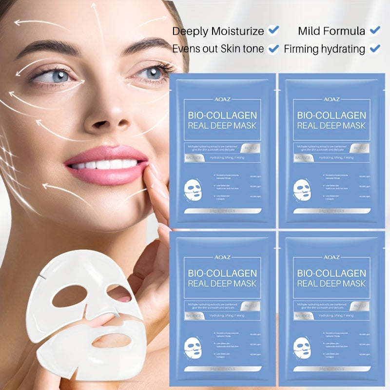 4pcs Bio-Collagen Real Deep Mask Pack Hydrating & Firming Facial Sheet Masks with Collagen, Hyaluronic Acid & Nicotinamide Moisturizing & Invigorating for All Light Beige Types(1pc/4pcs/8pcs)